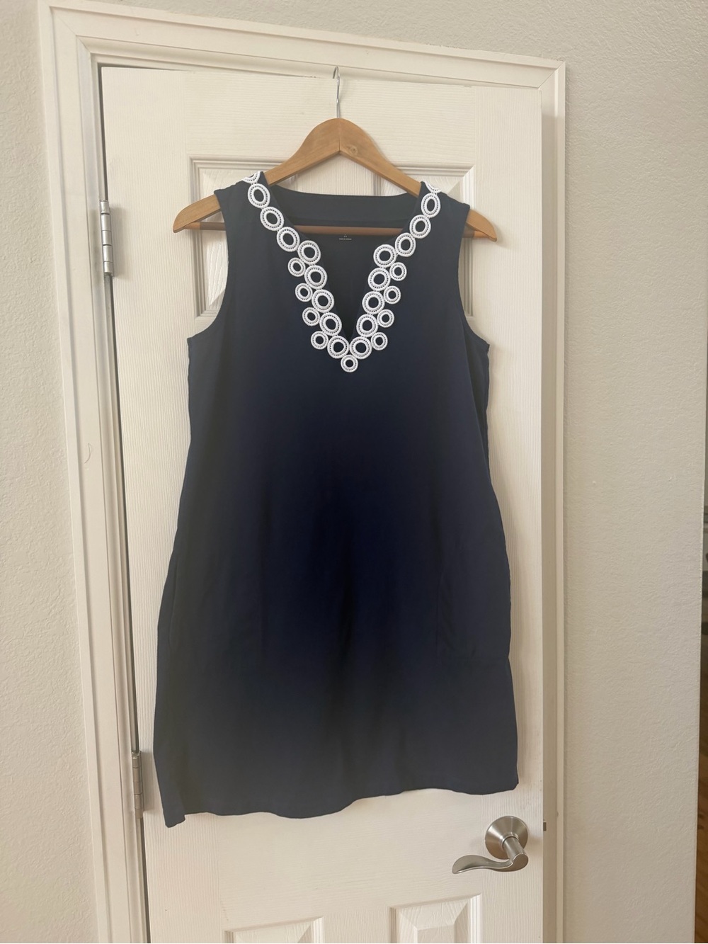 Lands' End Navy Sleeveless Shift Dress with White Embroidered Neckline